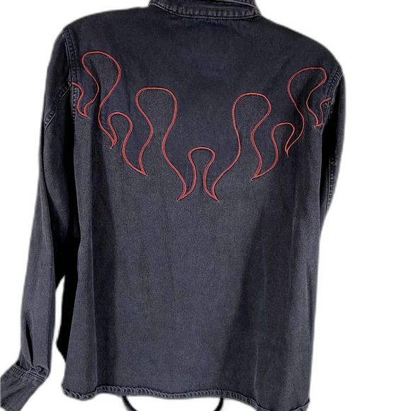 VTG Y2K Harley Davidson Motorcycle 2004-3W/3X Denim Button Jacket Black w Flame - Picture 5 of 11